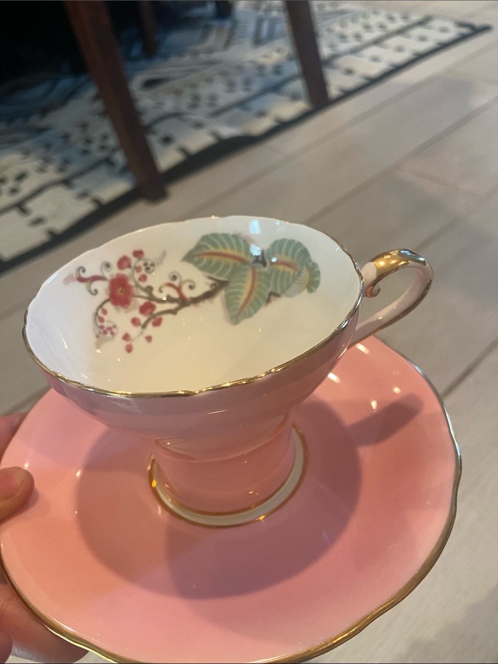 Pink Porcelain Teacup and Saucer with Gold Trim